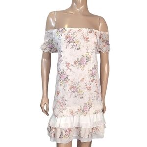 3/$20 Floral Off Shoulder Chiffon Dress Ribbon Tie Tiered Ruffed Shift Spring